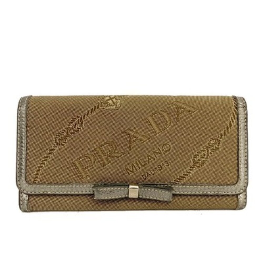 EGA PRADA Logo Jacquard Ribbon Canvas Long Bifold Wallet Beige/7BH0709 - Picture 1 of 8